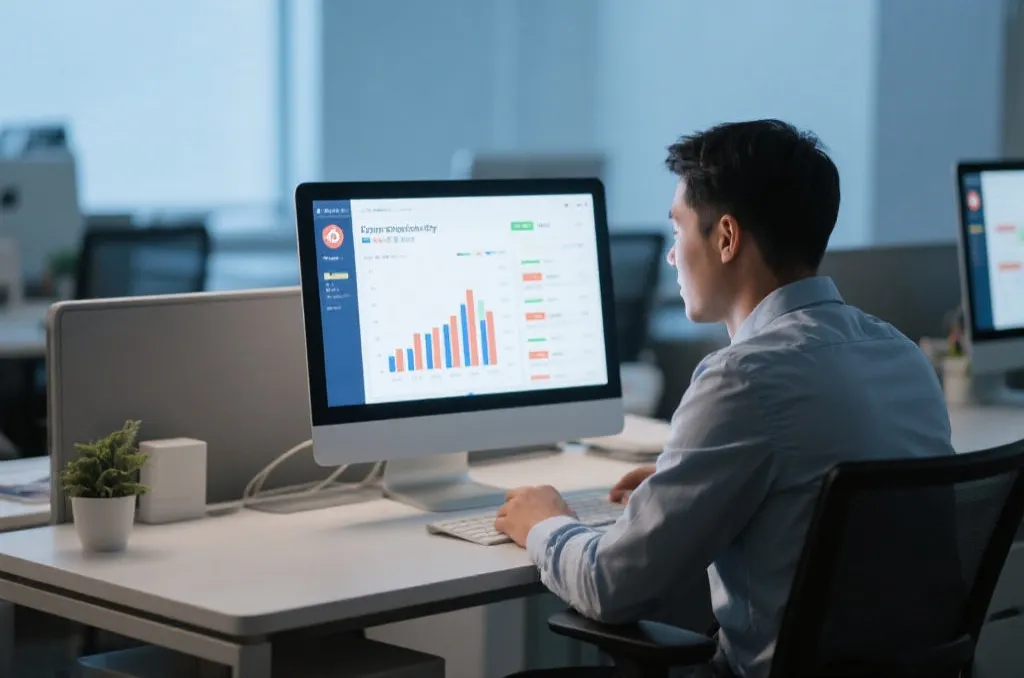 数据分析师在电脑前分析彩票行业趋势